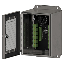 A render of a CTC SB202 standard size, stainless steel switch box shown with front lid unlatched.